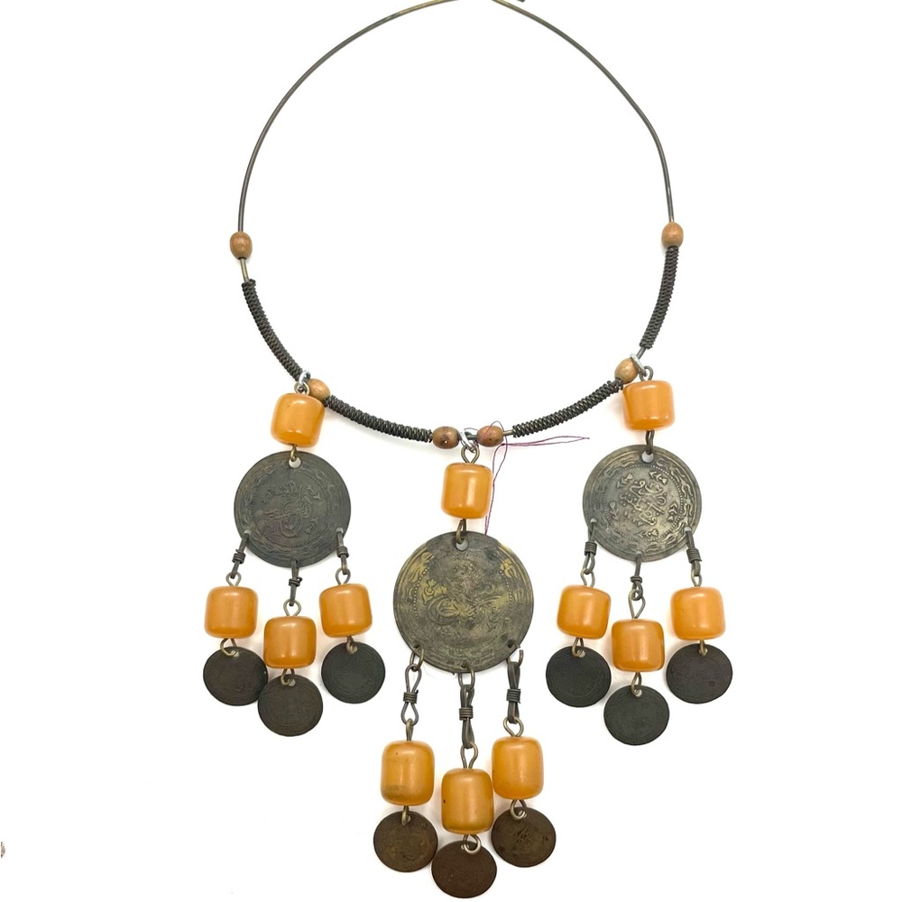 Egyptian Silver Coin Bakelite Bib Necklace